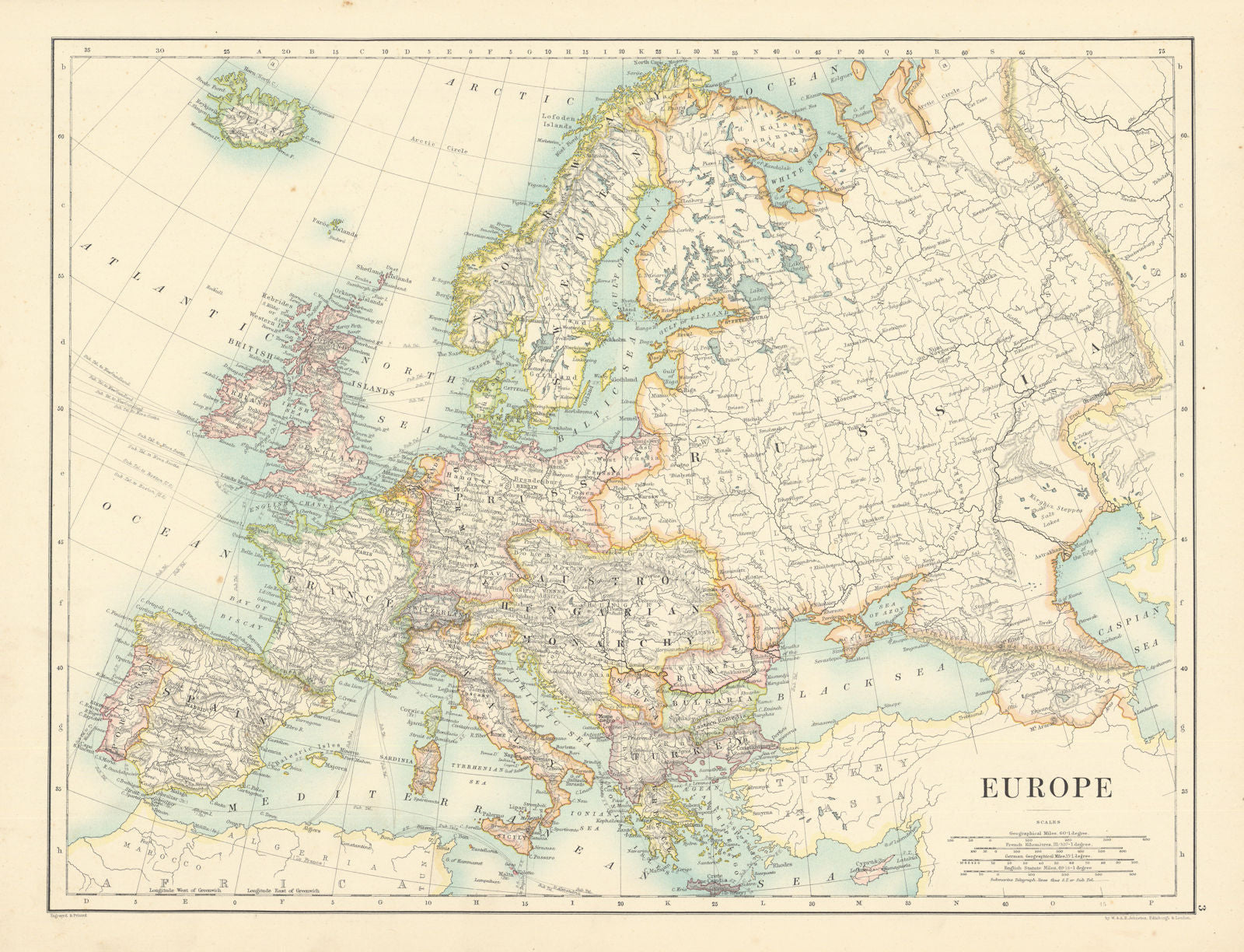Europe by W. & A.K. Johnston 1887 old antique vintage map plan chart